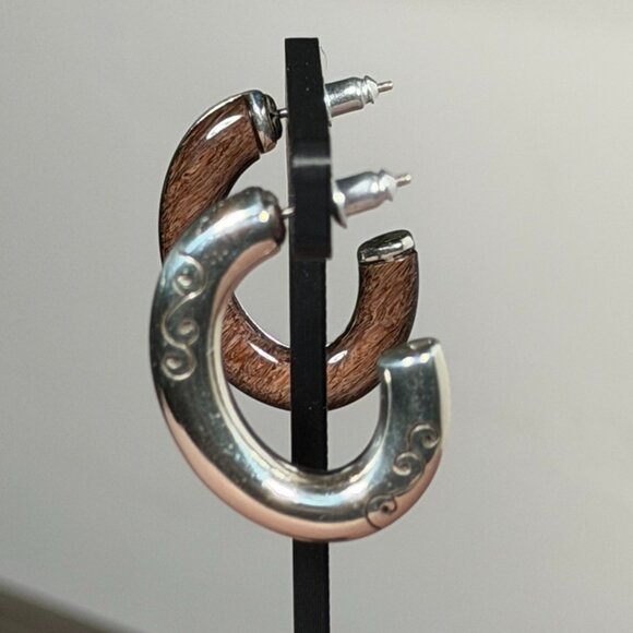 Brighton Reversible Earrings — Brown Woodgrain & Silver Swirl C-Hoops - Picture 1 of 6